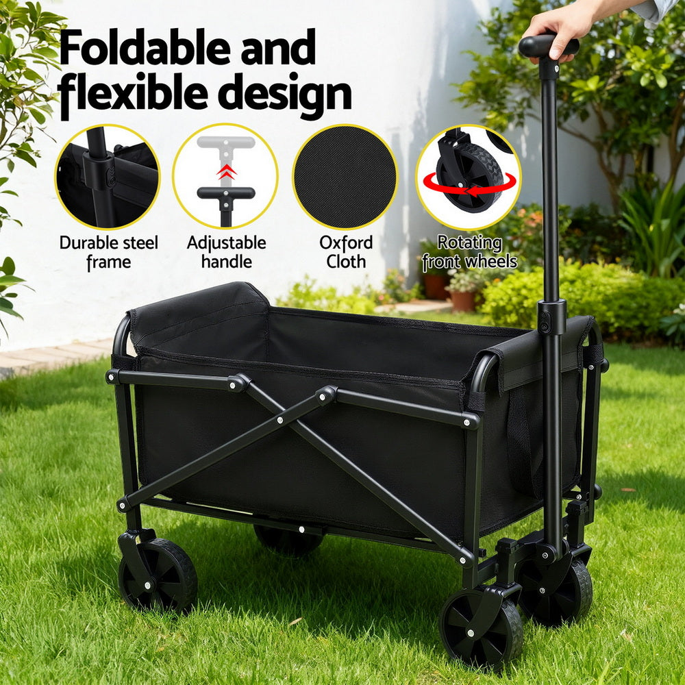 Gardeon Garden Cart Folding Trolley Camping Wagon Barrow Outdoor Beach Black XFEL-GCT-OX-BK