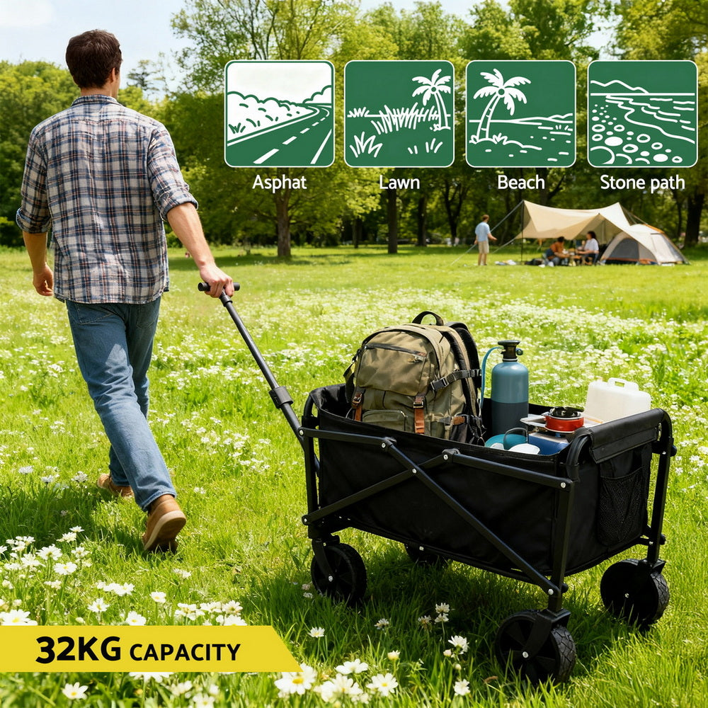 Gardeon Garden Cart Folding Trolley Camping Wagon Barrow Outdoor Beach Black XFEL-GCT-OX-BK