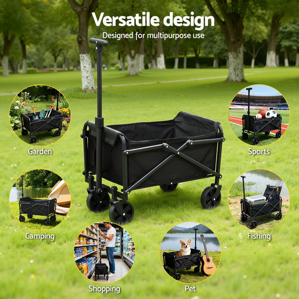 Gardeon Garden Cart Folding Trolley Camping Wagon Barrow Outdoor Beach Black XFEL-GCT-OX-BK