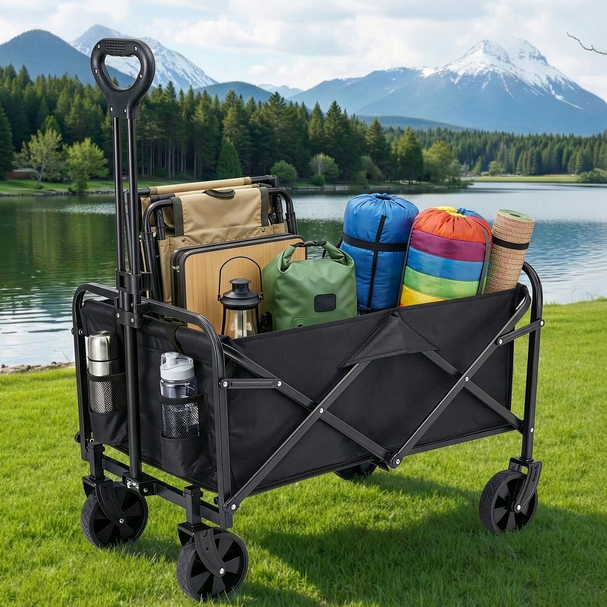 Gardeon Garden Cart Folding Trolley Camping Wagon Barrow Outdoor Beach Black XFEL-GCT-OX-L-BK