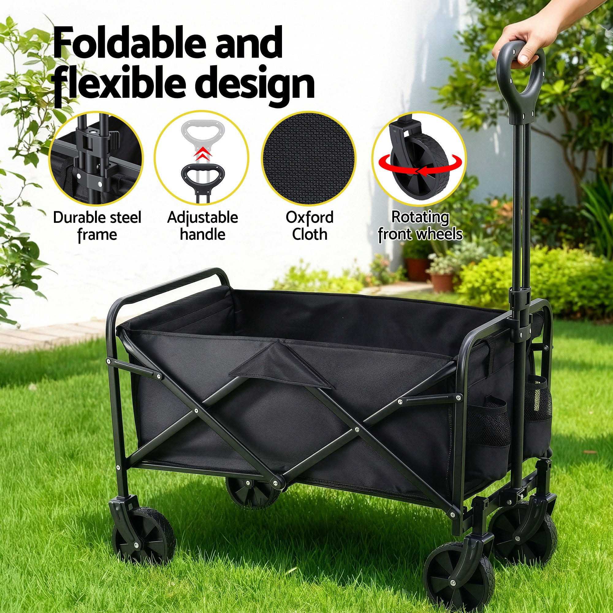 Gardeon Garden Cart Folding Trolley Camping Wagon Barrow Outdoor Beach Black XFEL-GCT-OX-L-BK