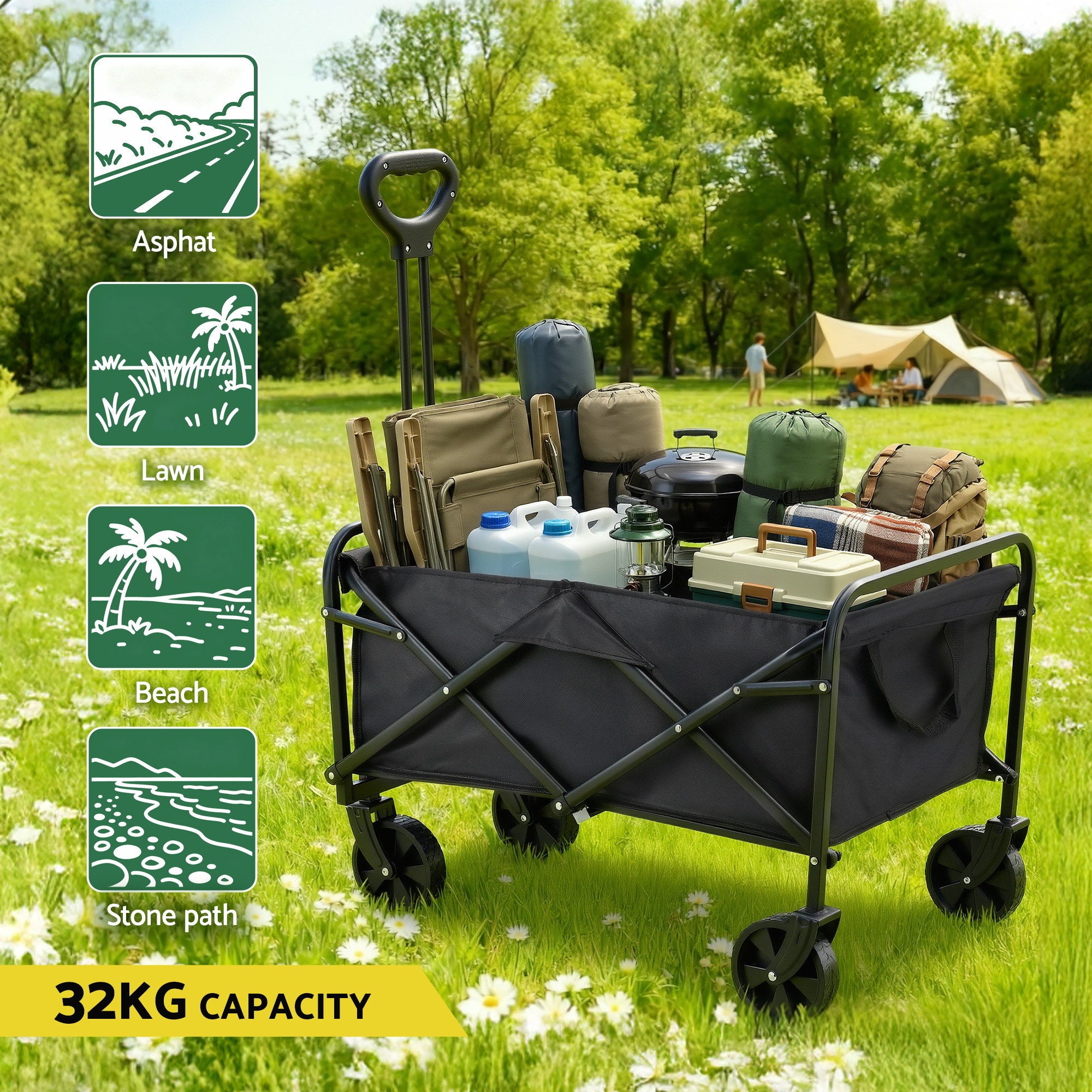 Gardeon Garden Cart Folding Trolley Camping Wagon Barrow Outdoor Beach Black XFEL-GCT-OX-L-BK