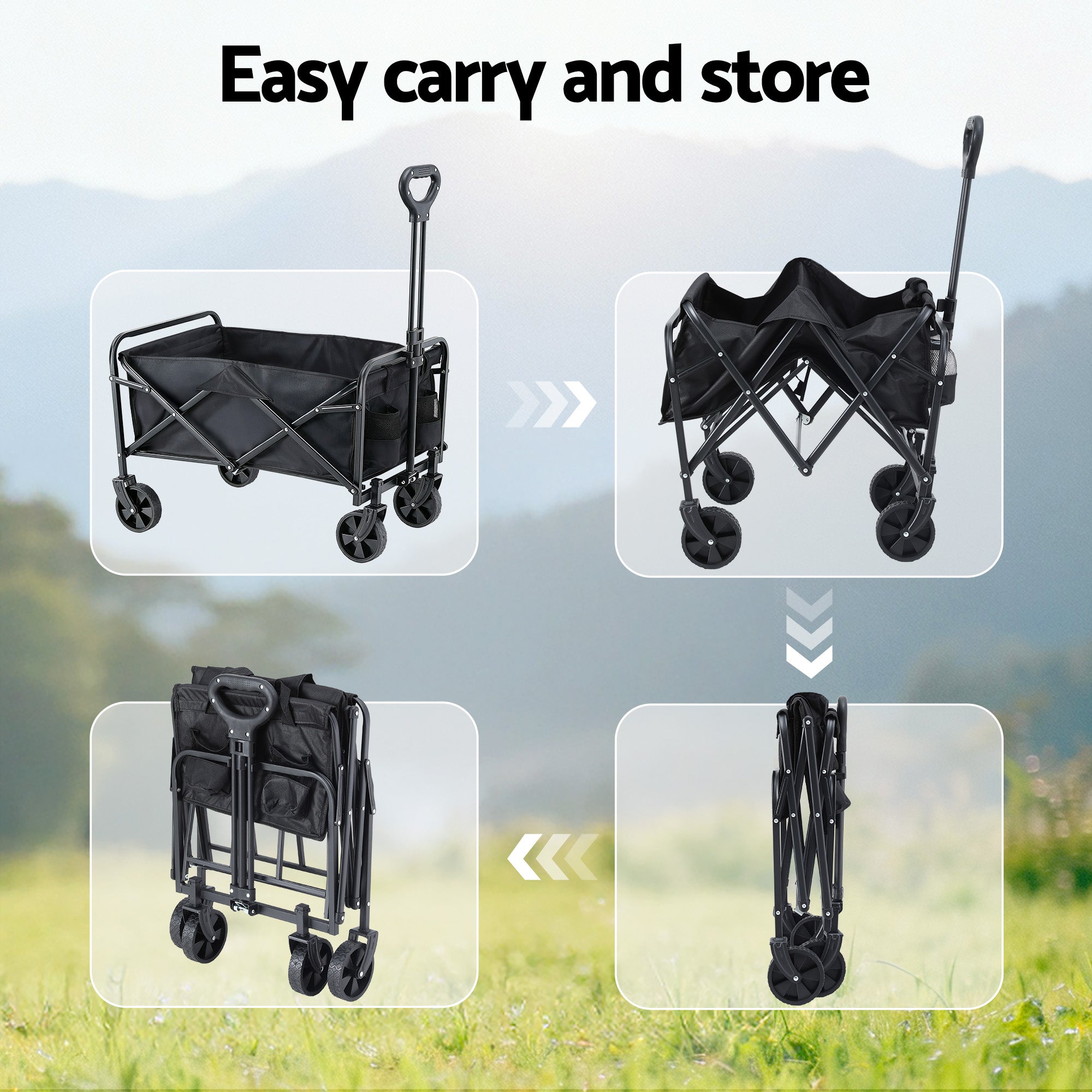 Gardeon Garden Cart Folding Trolley Camping Wagon Barrow Outdoor Beach Black XFEL-GCT-OX-L-BK