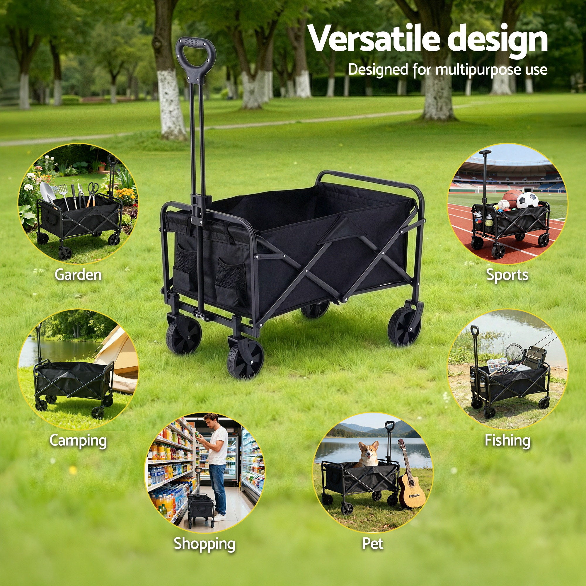 Gardeon Garden Cart Folding Trolley Camping Wagon Barrow Outdoor Beach Black XFEL-GCT-OX-L-BK