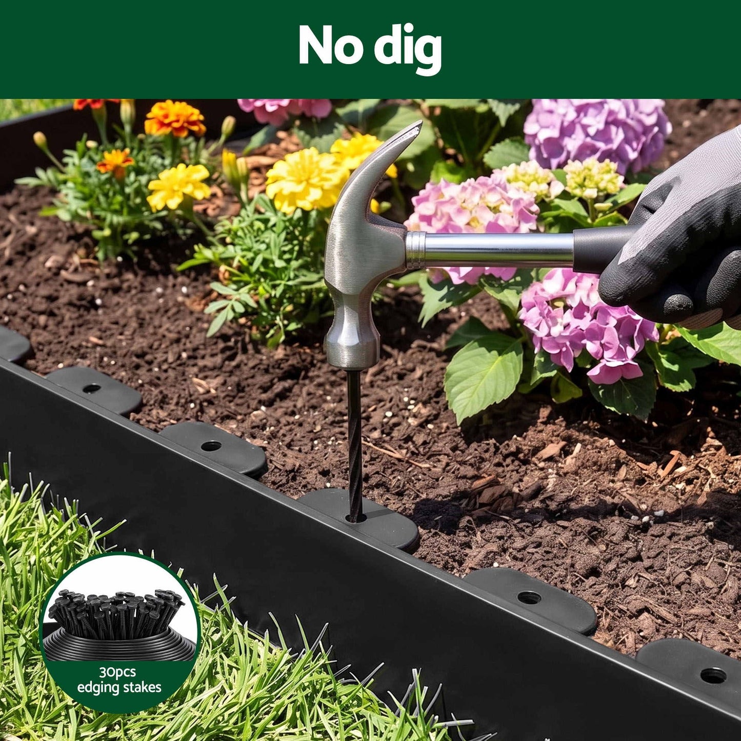 Green Fingers Garden Edging 33ft 30pcs Flexible Garden Border Plastic Lawn Edging Black XFEL-GED-33FT-30PCS-BK