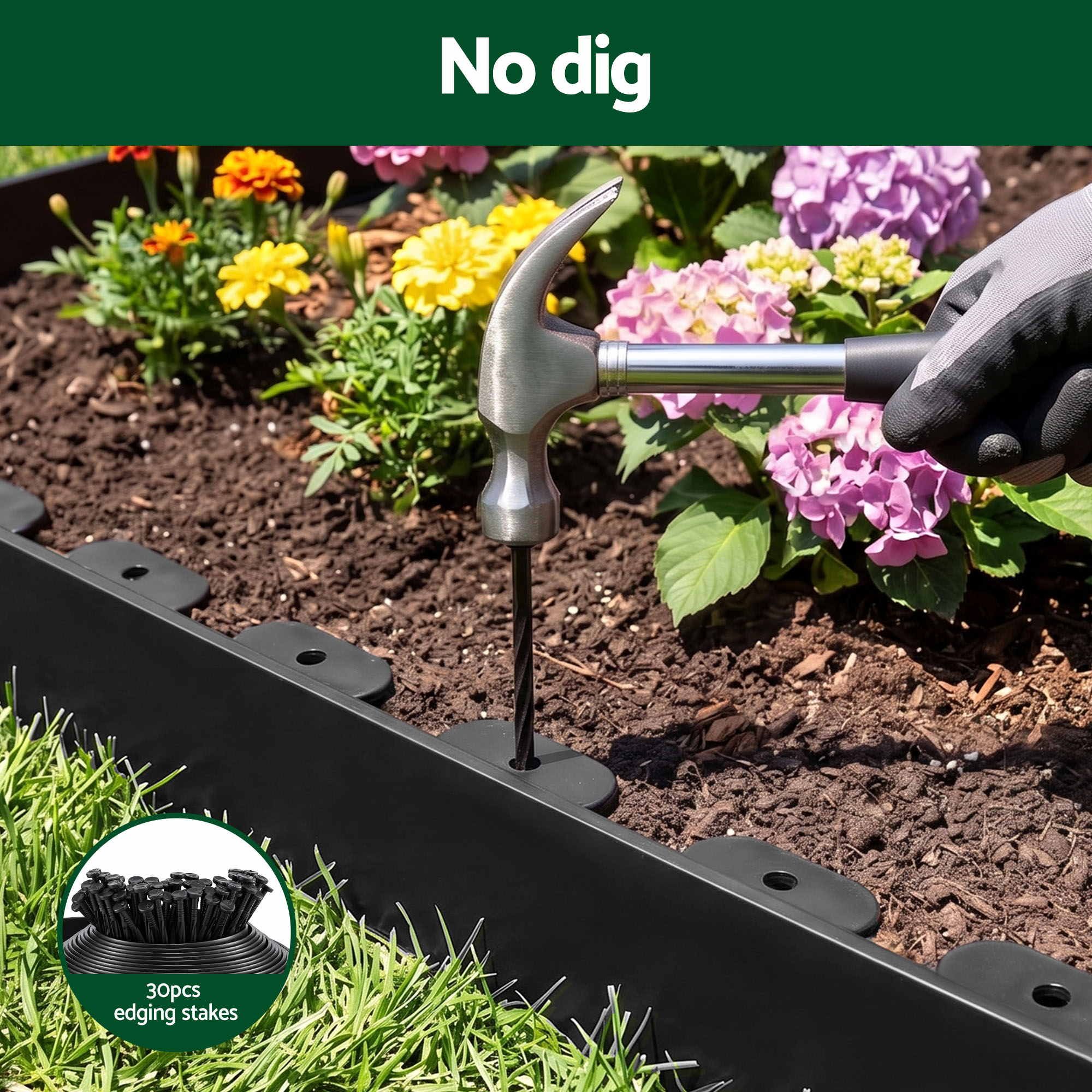 Green Fingers Garden Edging 33ft 30pcs Flexible Garden Border Plastic Lawn Edging Black XFEL-GED-33FT-30PCS-BK