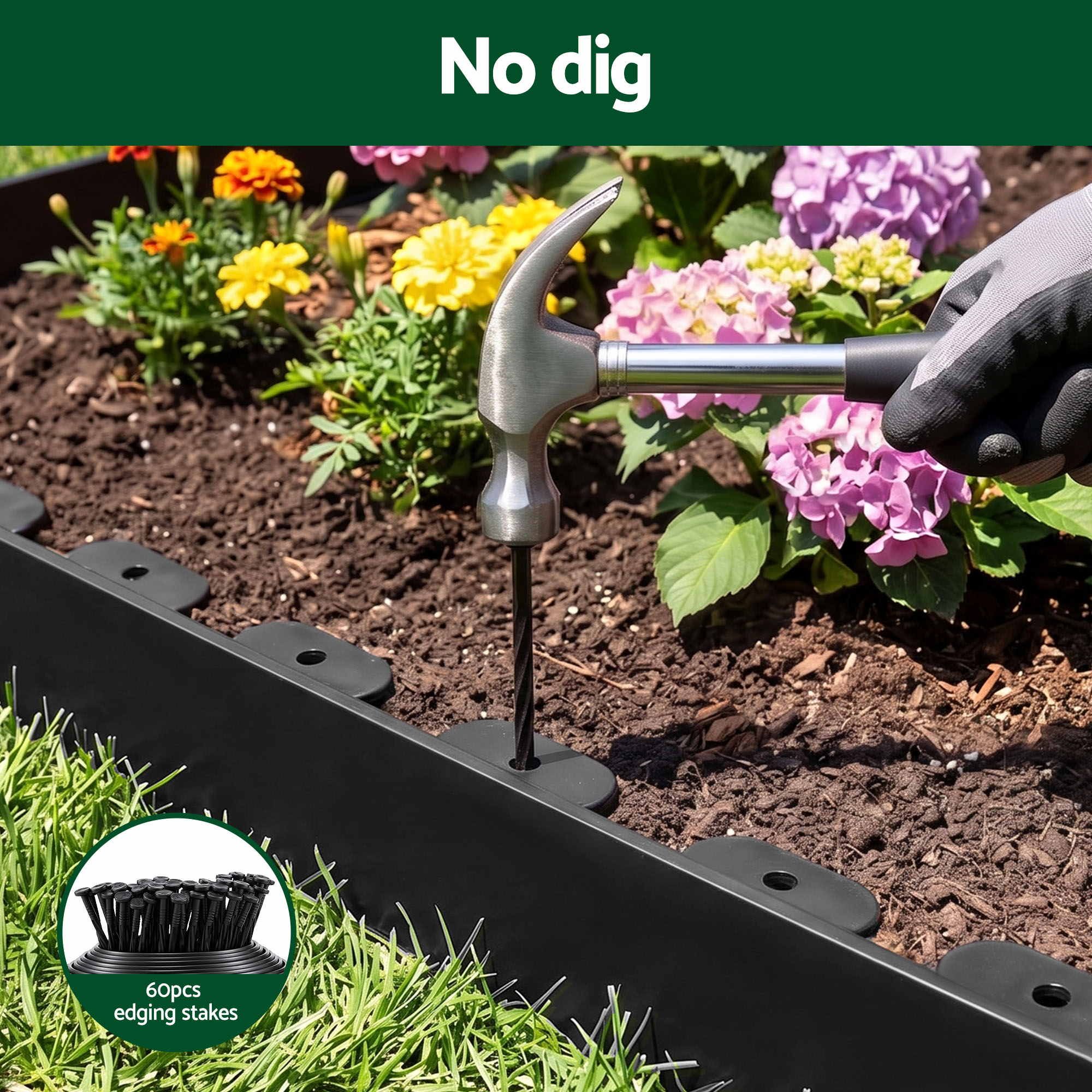 Green Fingers Garden Edging 60ft 30pcs Flexible Garden Border Plastic Lawn Edging Black XFEL-GED-66FT-30PCS-BK