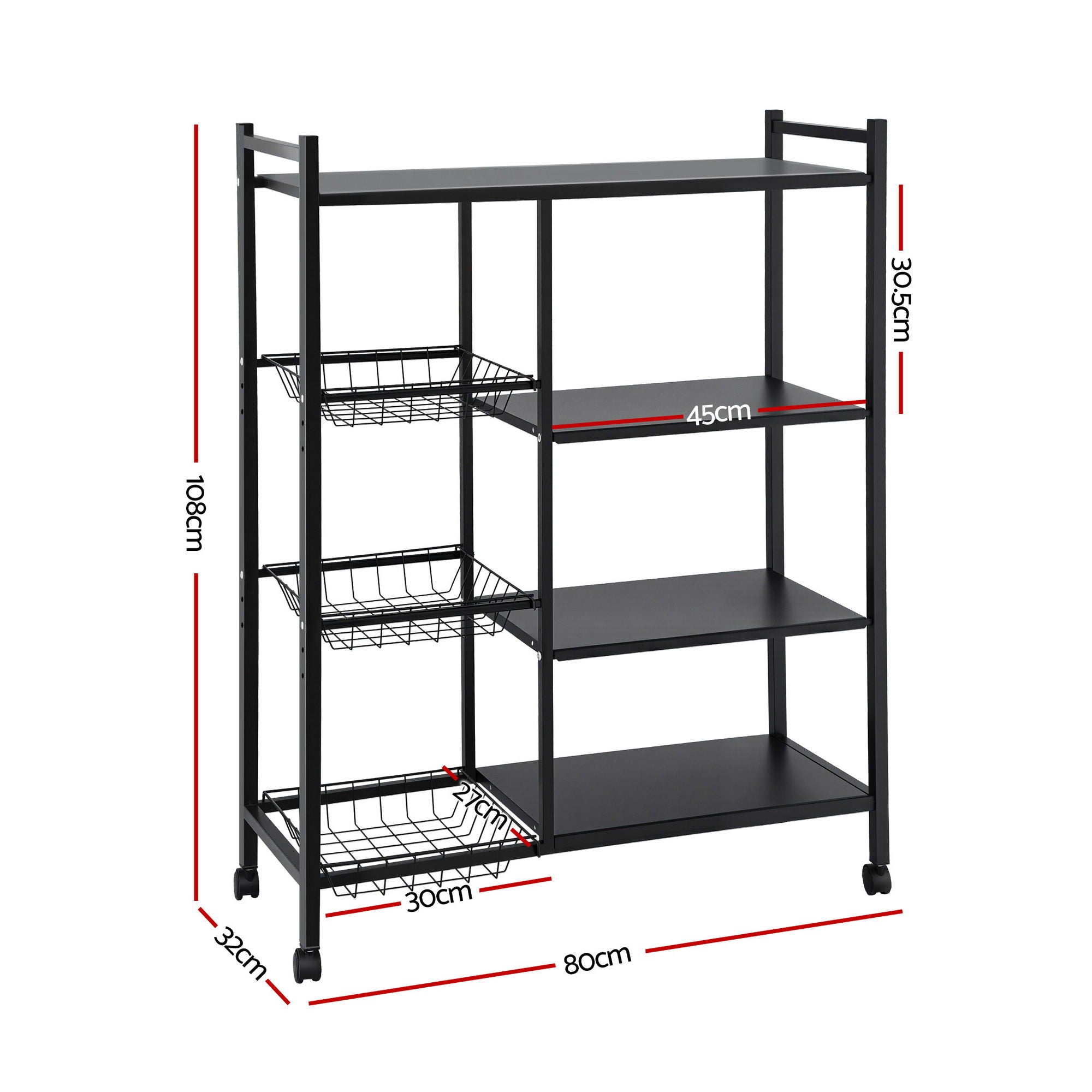 Artiss 4-Tier Kitchen Rack Microwave Bakers Storage Shelf with 3 Baskets Wheels XFEL-KR-MEL-4S-80-GR