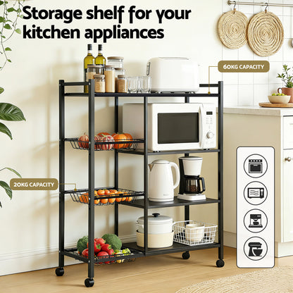 Artiss 4-Tier Kitchen Rack Microwave Bakers Storage Shelf with 3 Baskets Wheels XFEL-KR-MEL-4S-80-GR