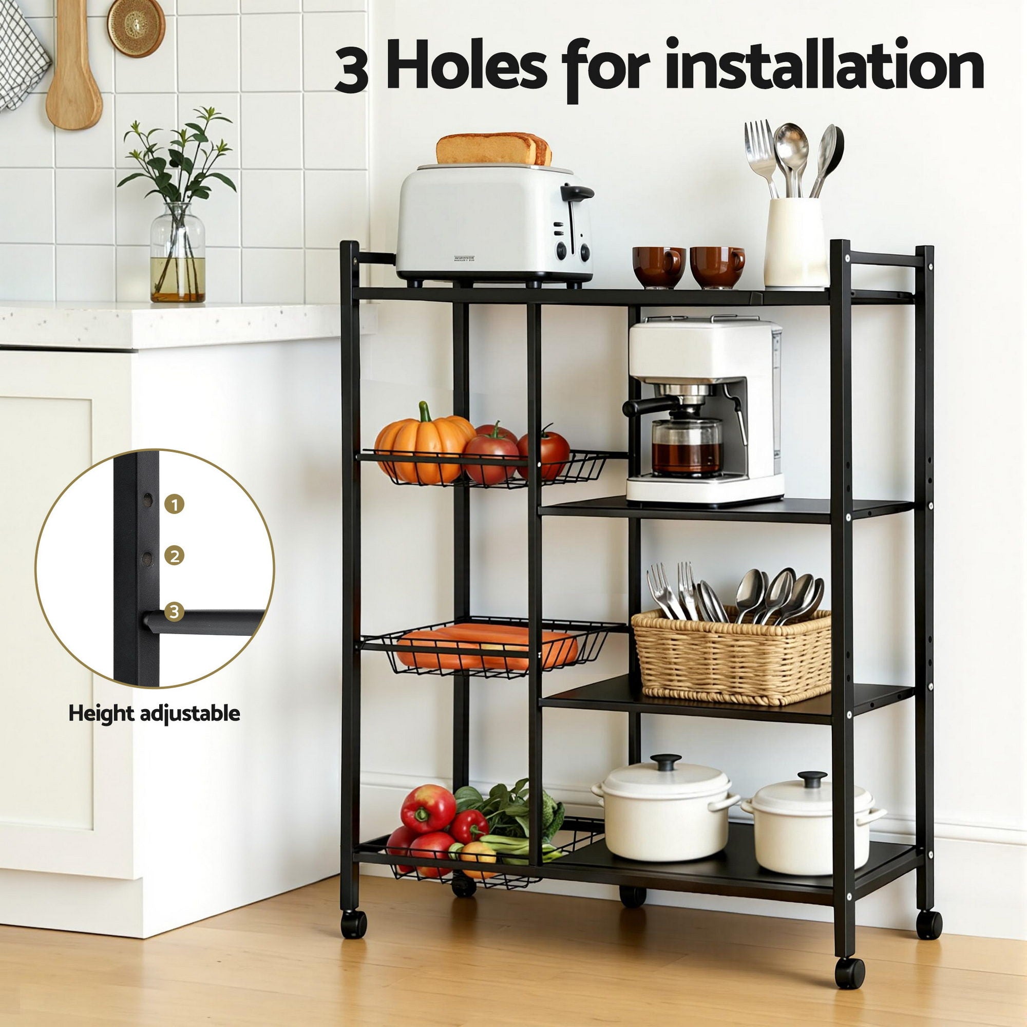 Artiss 4-Tier Kitchen Rack Microwave Bakers Storage Shelf with 3 Baskets Wheels XFEL-KR-MEL-4S-80-GR