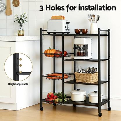 Artiss 4-Tier Kitchen Rack Microwave Bakers Storage Shelf with 3 Baskets Wheels XFEL-KR-MEL-4S-80-GR