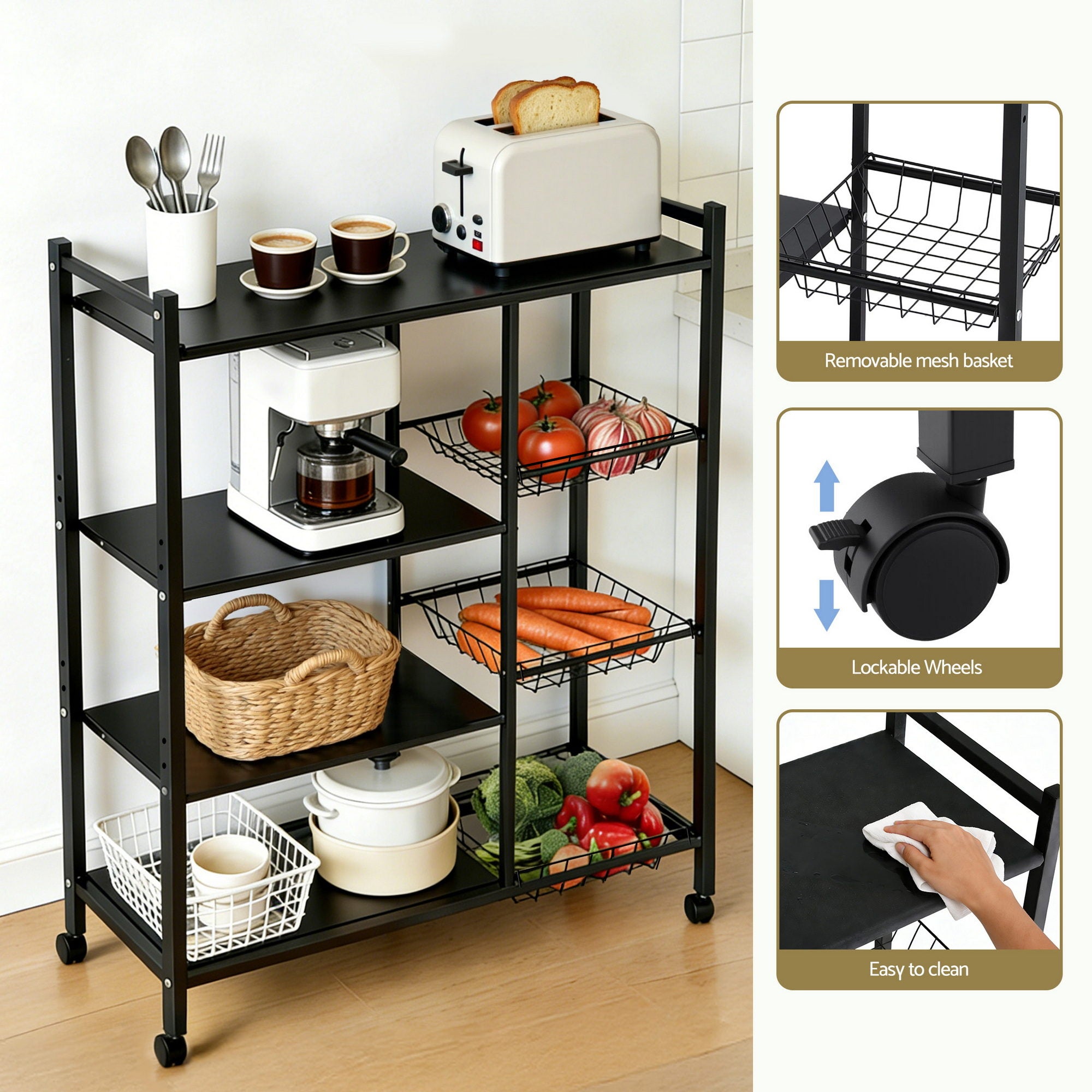Artiss 4-Tier Kitchen Rack Microwave Bakers Storage Shelf with 3 Baskets Wheels XFEL-KR-MEL-4S-80-GR