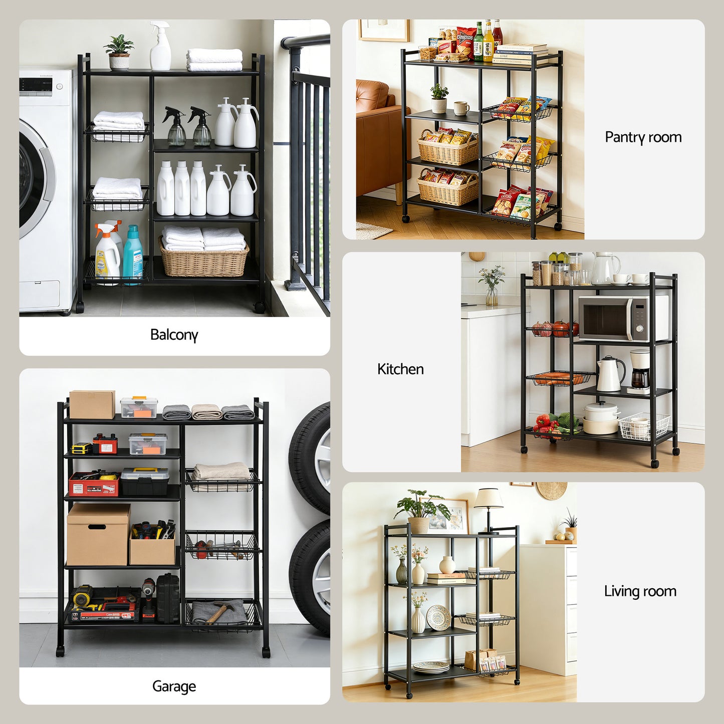 Artiss 4-Tier Kitchen Rack Microwave Bakers Storage Shelf with 3 Baskets Wheels XFEL-KR-MEL-4S-80-GR