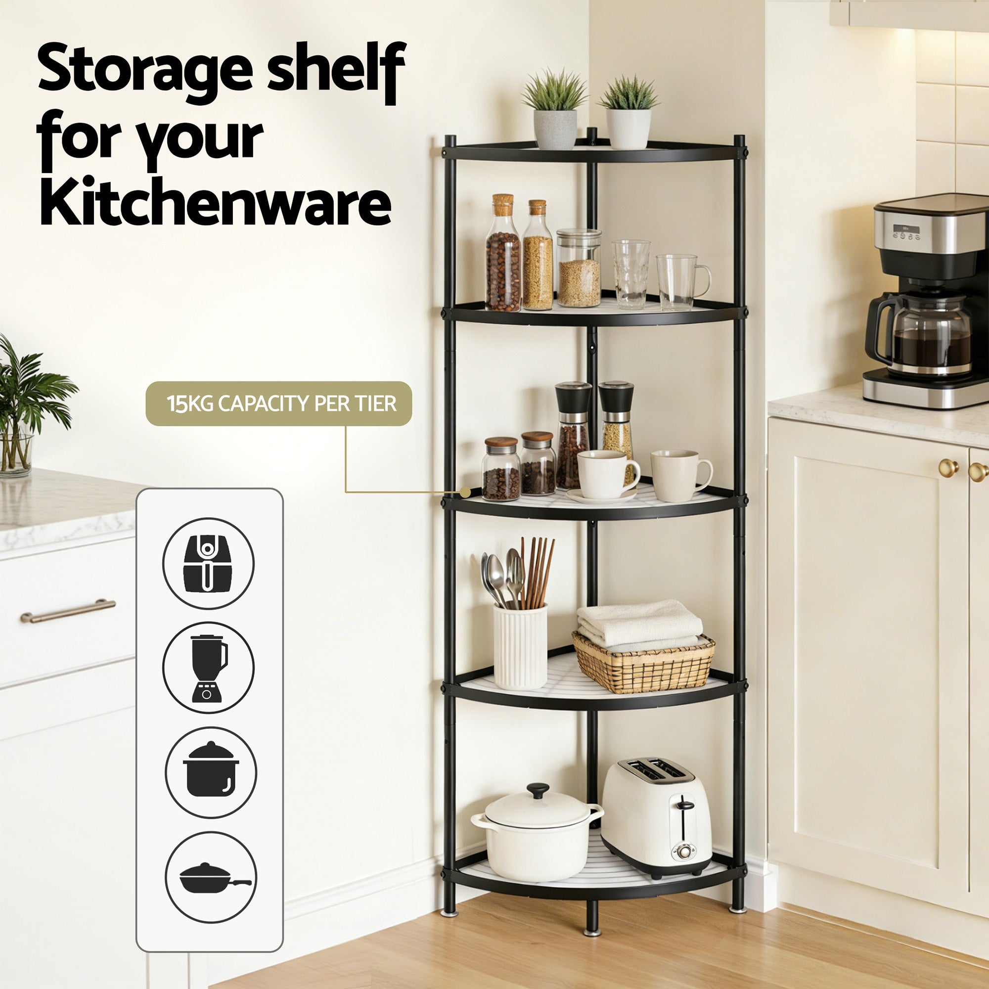 Artiss 5-Tier Kitchen Corner Shelf Rack Stand Microwave Metal Storage Shelves XFEL-KR-MEL-COR5S-49-BK