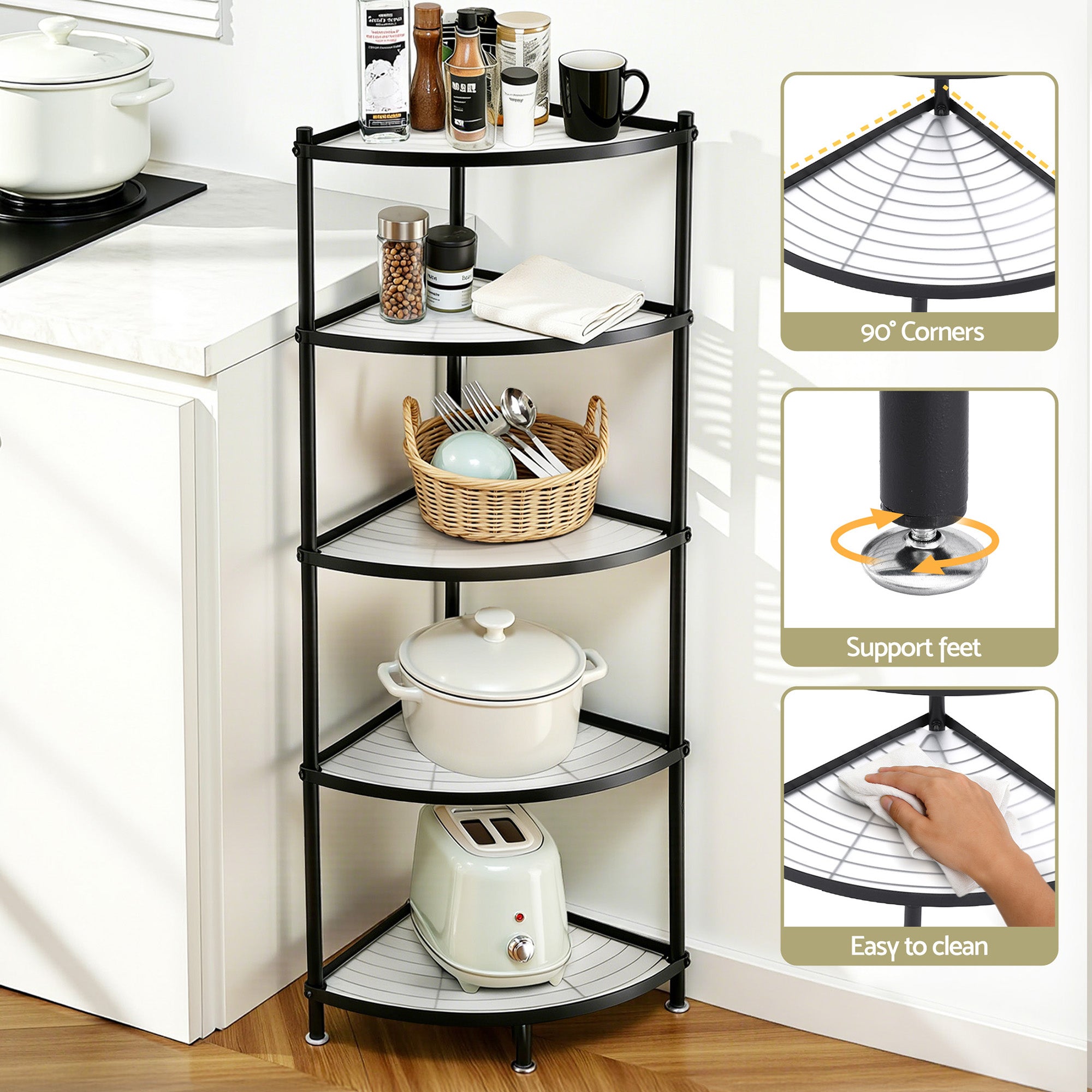 Artiss 5-Tier Kitchen Corner Shelf Rack Stand Microwave Metal Storage Shelves XFEL-KR-MEL-COR5S-49-BK