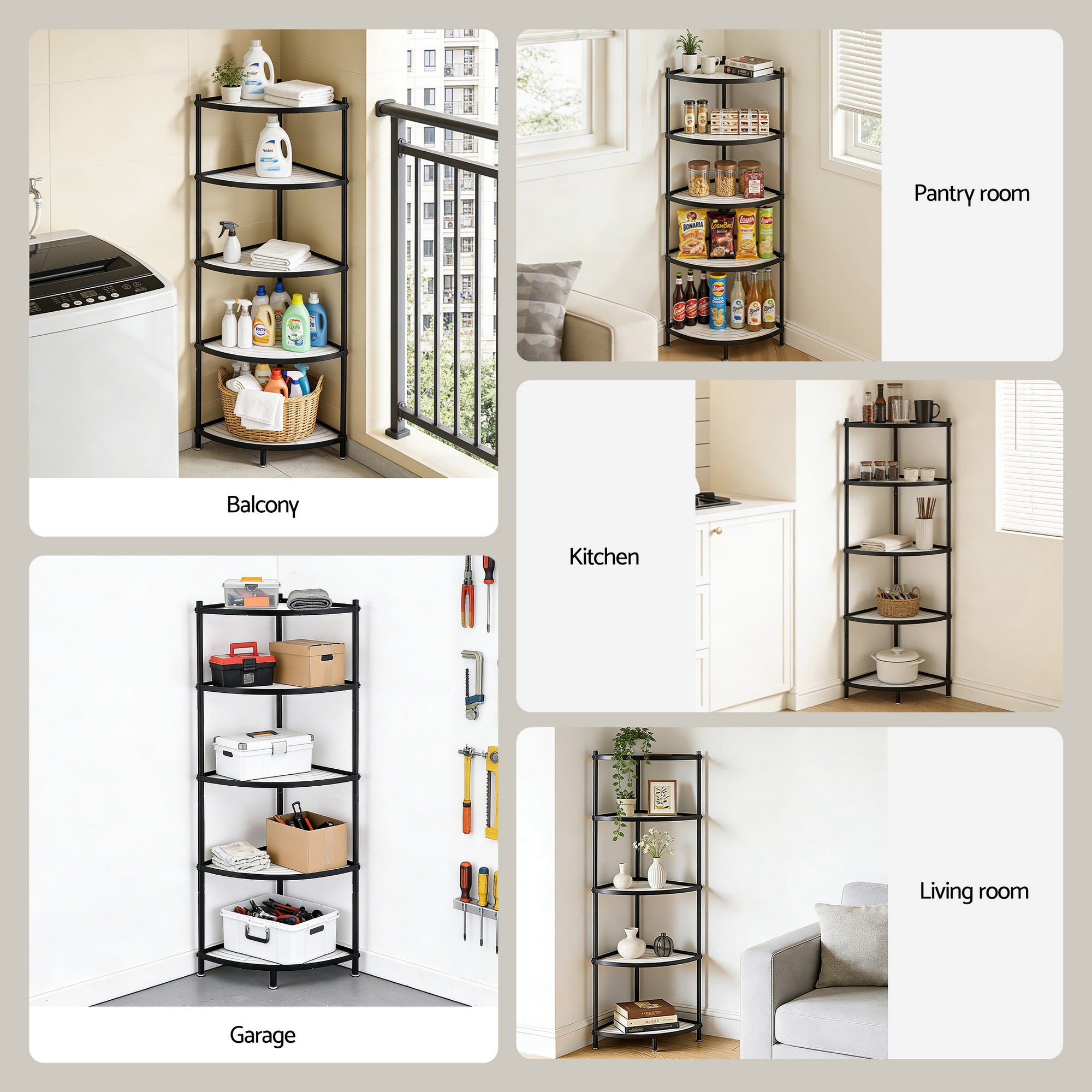 Artiss 5-Tier Kitchen Corner Shelf Rack Stand Microwave Metal Storage Shelves XFEL-KR-MEL-COR5S-49-BK