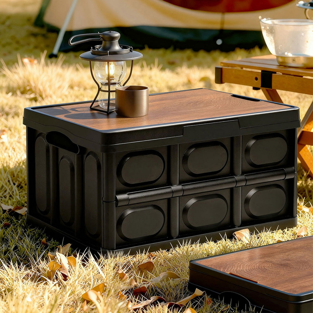 Gardeon Collapsible Outdoor Storage Box 50L Stackable Folding Camping Organizer Plywood Lid Black XFEL-OSB-50L-BK