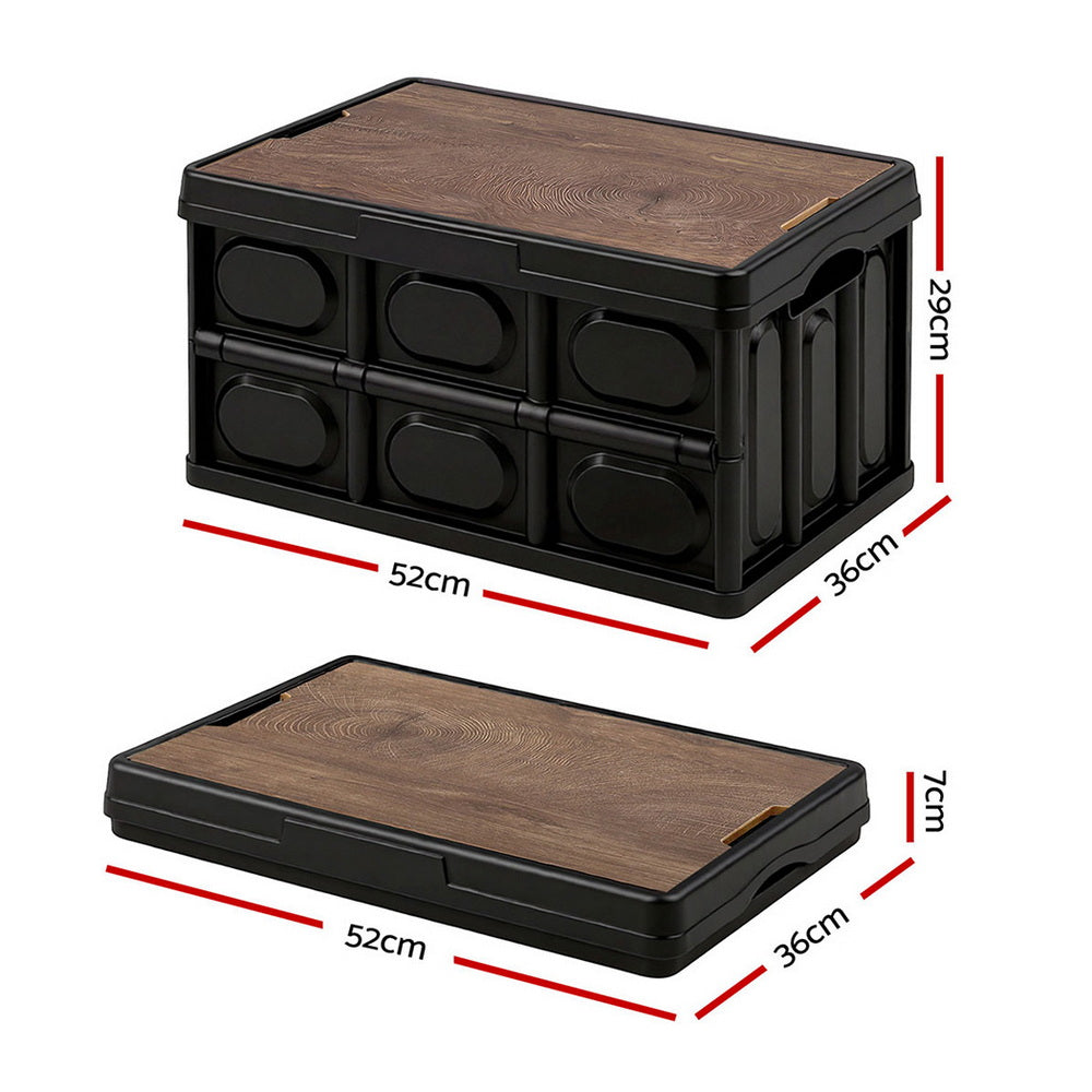Gardeon Collapsible Outdoor Storage Box 50L Stackable Folding Camping Organizer Plywood Lid Black XFEL-OSB-50L-BK