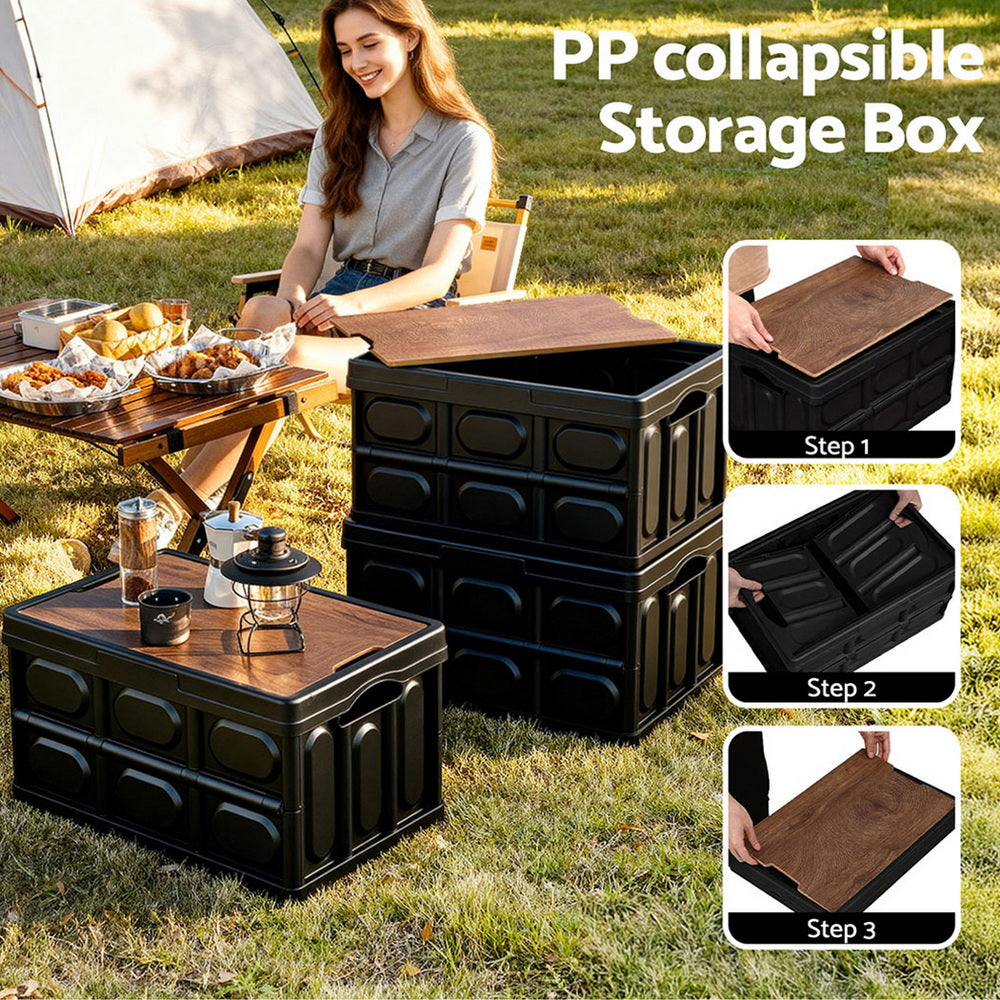 Gardeon Collapsible Outdoor Storage Box 50L Stackable Folding Camping Organizer Plywood Lid Black XFEL-OSB-50L-BK