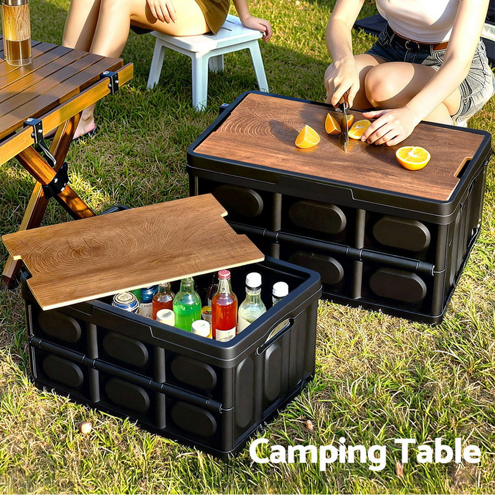 Gardeon Collapsible Outdoor Storage Box 50L Stackable Folding Camping Organizer Plywood Lid Black XFEL-OSB-50L-BK