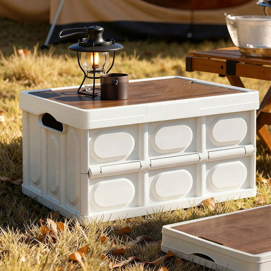 Gardeon Collapsible Outdoor Storage Box 50L Stackable Folding Camping Organizer Plywood Lid Beige XFEL-OSB-54L-WH