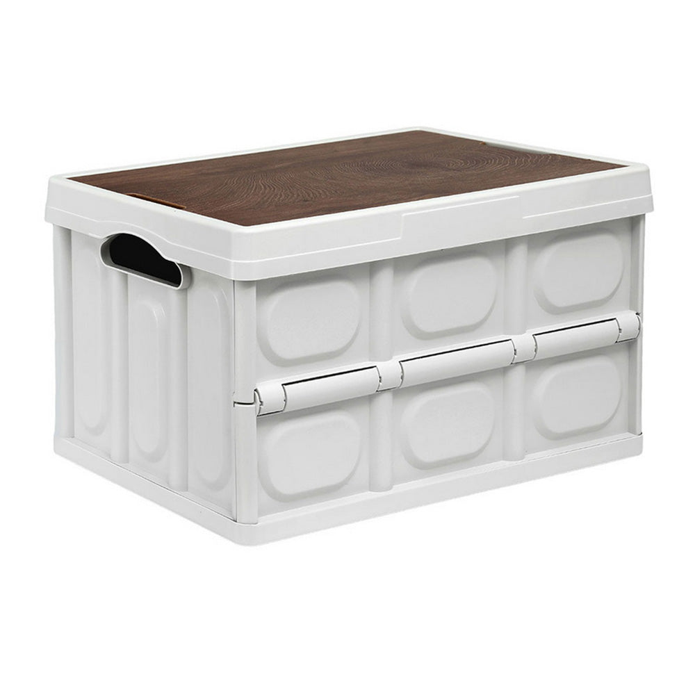 Gardeon Collapsible Outdoor Storage Box 50L Stackable Folding Camping Organizer Plywood Lid Beige XFEL-OSB-54L-WH