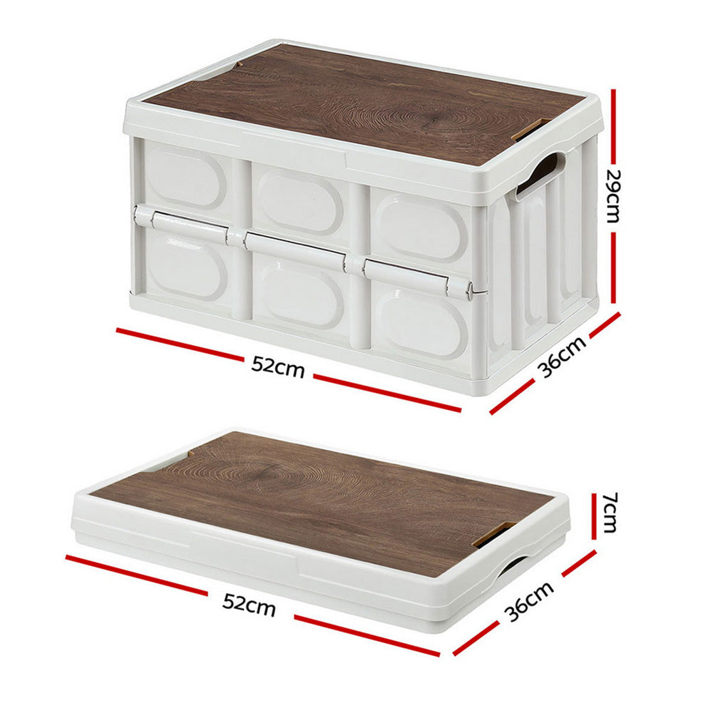 Gardeon Collapsible Outdoor Storage Box 50L Stackable Folding Camping Organizer Plywood Lid Beige XFEL-OSB-54L-WH