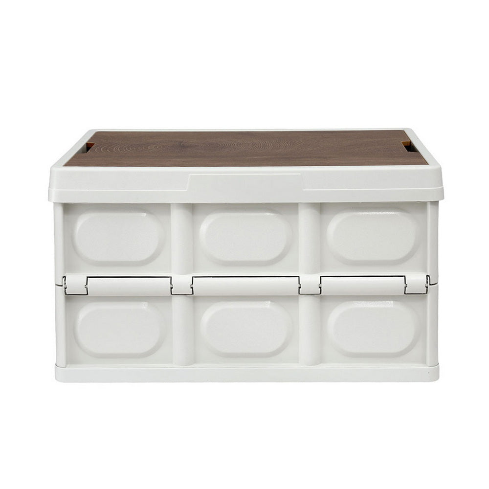 Gardeon Collapsible Outdoor Storage Box 50L Stackable Folding Camping Organizer Plywood Lid Beige XFEL-OSB-54L-WH