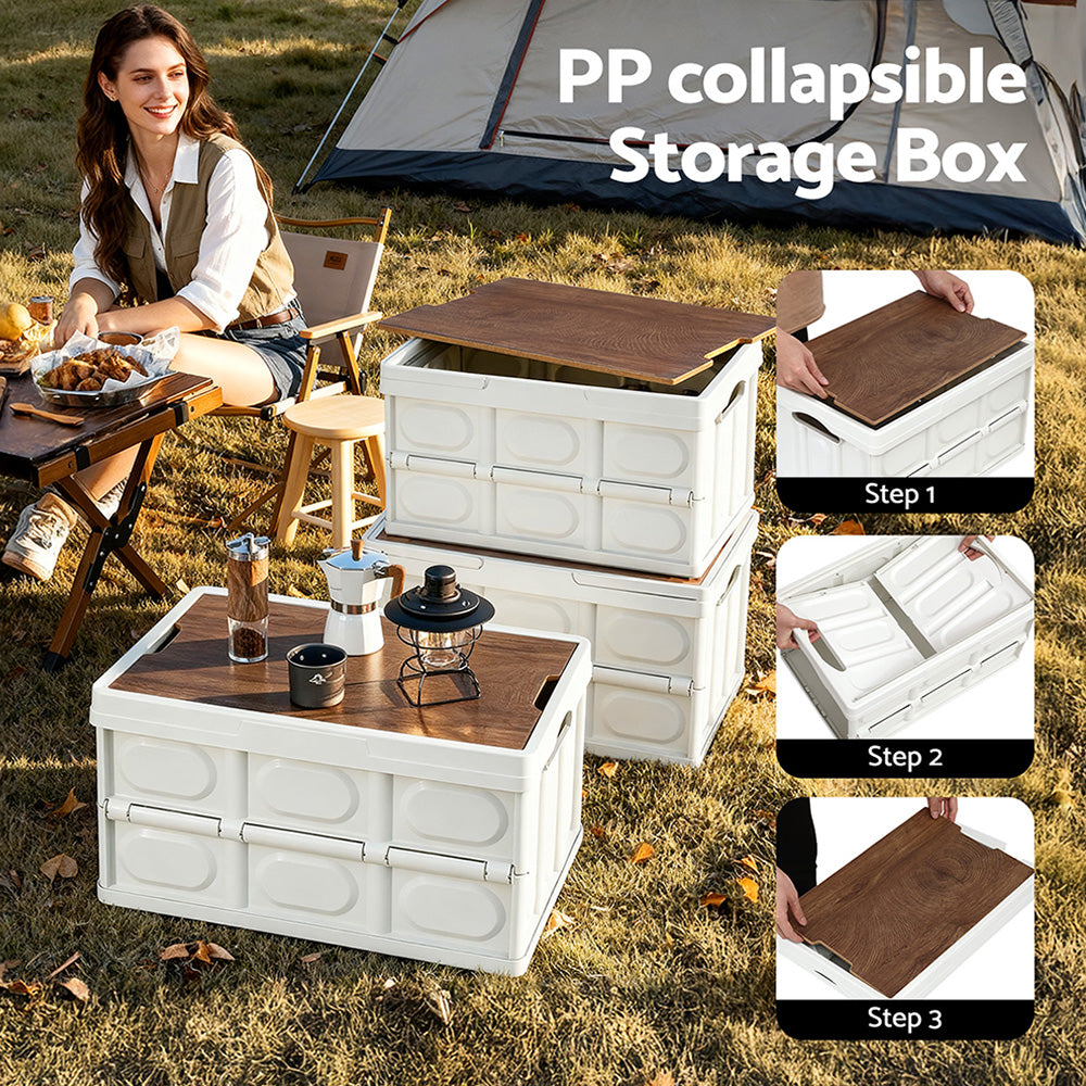 Gardeon Collapsible Outdoor Storage Box 50L Stackable Folding Camping Organizer Plywood Lid Beige XFEL-OSB-54L-WH