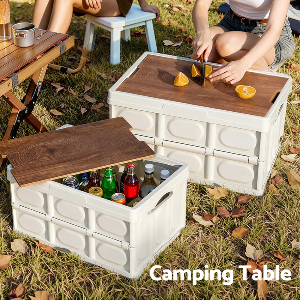 Gardeon Collapsible Outdoor Storage Box 50L Stackable Folding Camping Organizer Plywood Lid Beige XFEL-OSB-54L-WH