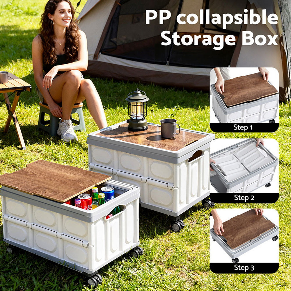 Gardeon Collapsible Outdoor Storage Box 54L Stackable Folding Camping Organizer Wheels Plywood Lid Beige XFEL-OSB-54L-WHEEL-WH