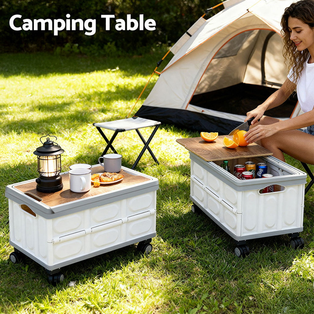 Gardeon Collapsible Outdoor Storage Box 54L Stackable Folding Camping Organizer Wheels Plywood Lid Beige XFEL-OSB-54L-WHEEL-WH