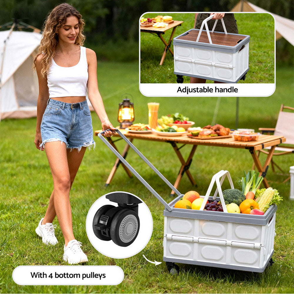 Gardeon Collapsible Outdoor Storage Box 54L Stackable Folding Camping Organizer Wheels Plywood Lid Beige XFEL-OSB-54L-WHEEL-WH