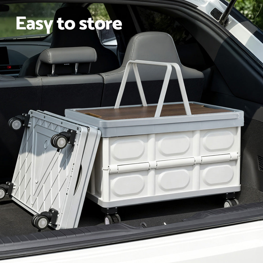 Gardeon Collapsible Outdoor Storage Box 54L Stackable Folding Camping Organizer Wheels Plywood Lid Beige XFEL-OSB-54L-WHEEL-WH