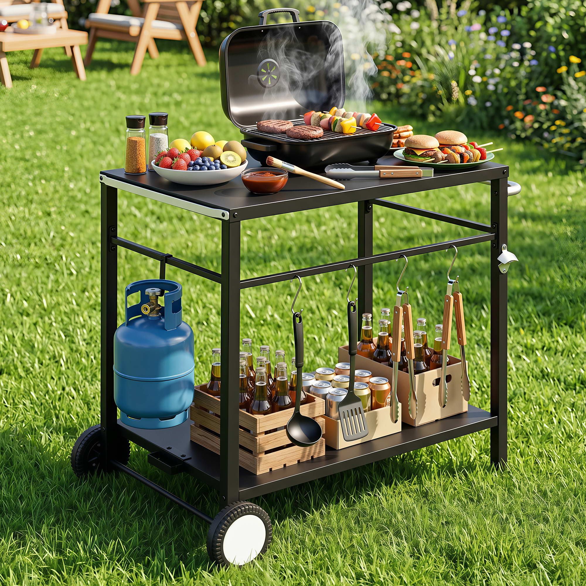Weisshorn BBQ Camp Party Table, Garden Backyard Outdoor Cart Stainless Steel Prep Table Mobile Kitchen XFEL-TABLE-2SHE-BK