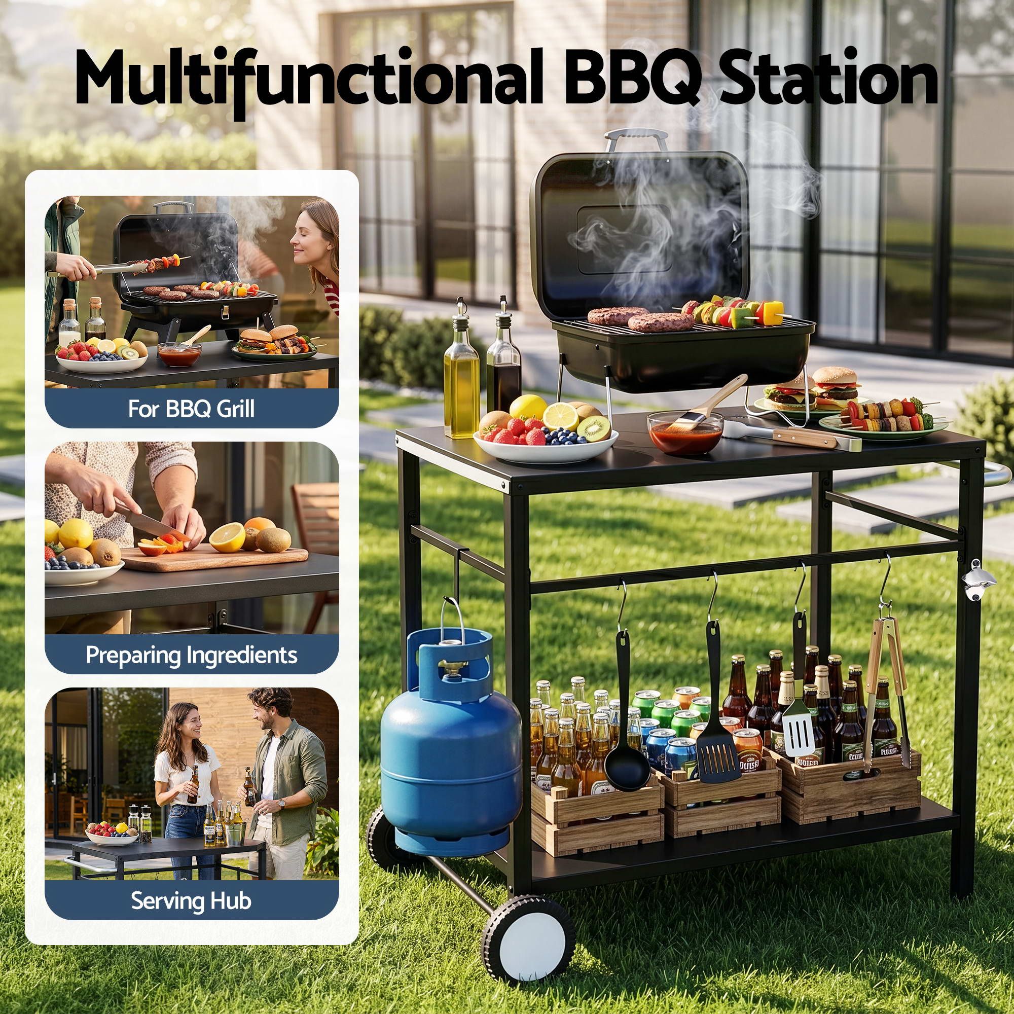 Weisshorn BBQ Camp Party Table, Garden Backyard Outdoor Cart Stainless Steel Prep Table Mobile Kitchen XFEL-TABLE-2SHE-BK