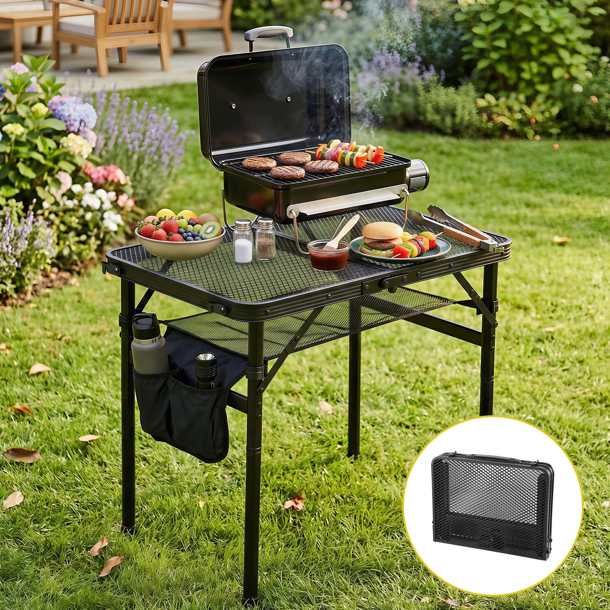 Gardeon BBQ Camp Table, 60*40*56 Portable Foldable Lightweight Grill Outdoor Metal Table 2.5kg XFEL-TABLE-MESH-60-BK