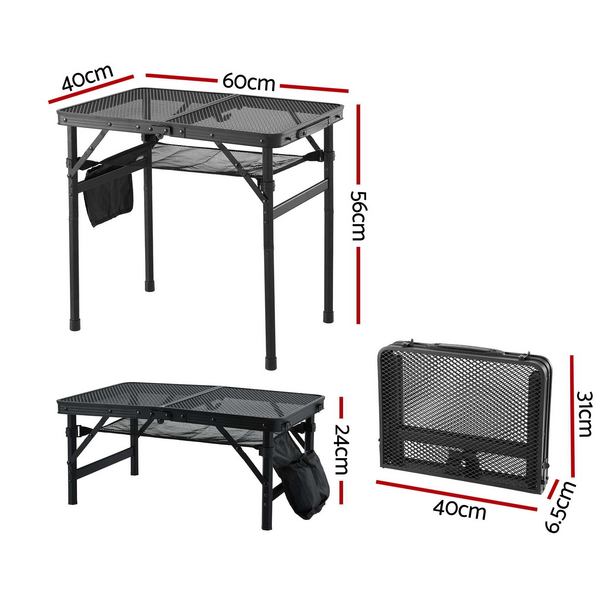 Gardeon BBQ Camp Table, 60*40*56 Portable Foldable Lightweight Grill Outdoor Metal Table 2.5kg XFEL-TABLE-MESH-60-BK