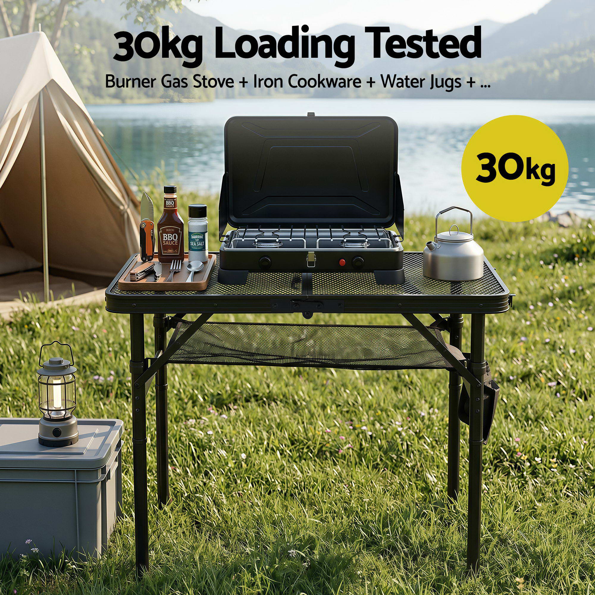 Gardeon BBQ Camp Table, 60*40*56 Portable Foldable Lightweight Grill Outdoor Metal Table 2.5kg XFEL-TABLE-MESH-60-BK