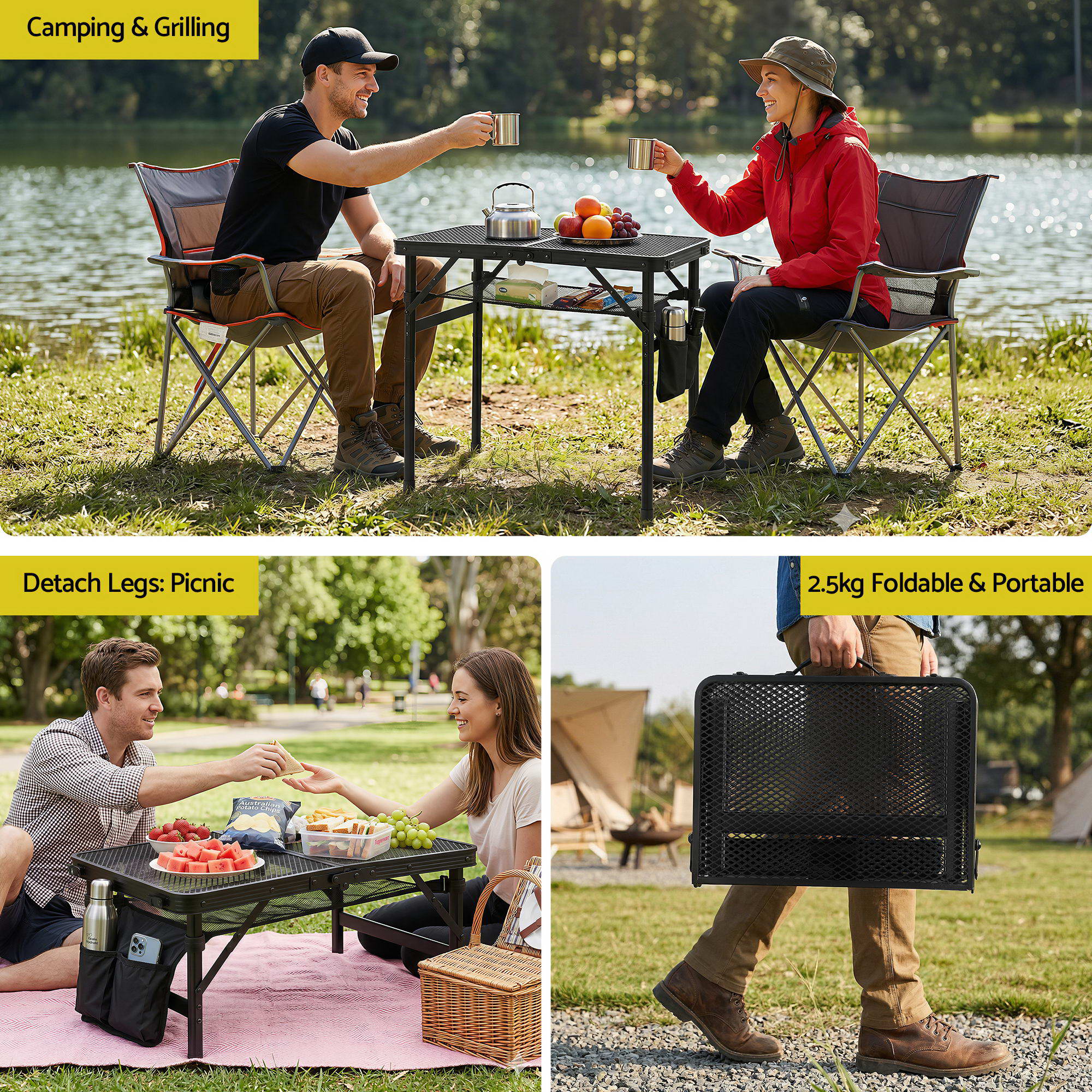 Gardeon BBQ Camp Table, 60*40*56 Portable Foldable Lightweight Grill Outdoor Metal Table 2.5kg XFEL-TABLE-MESH-60-BK