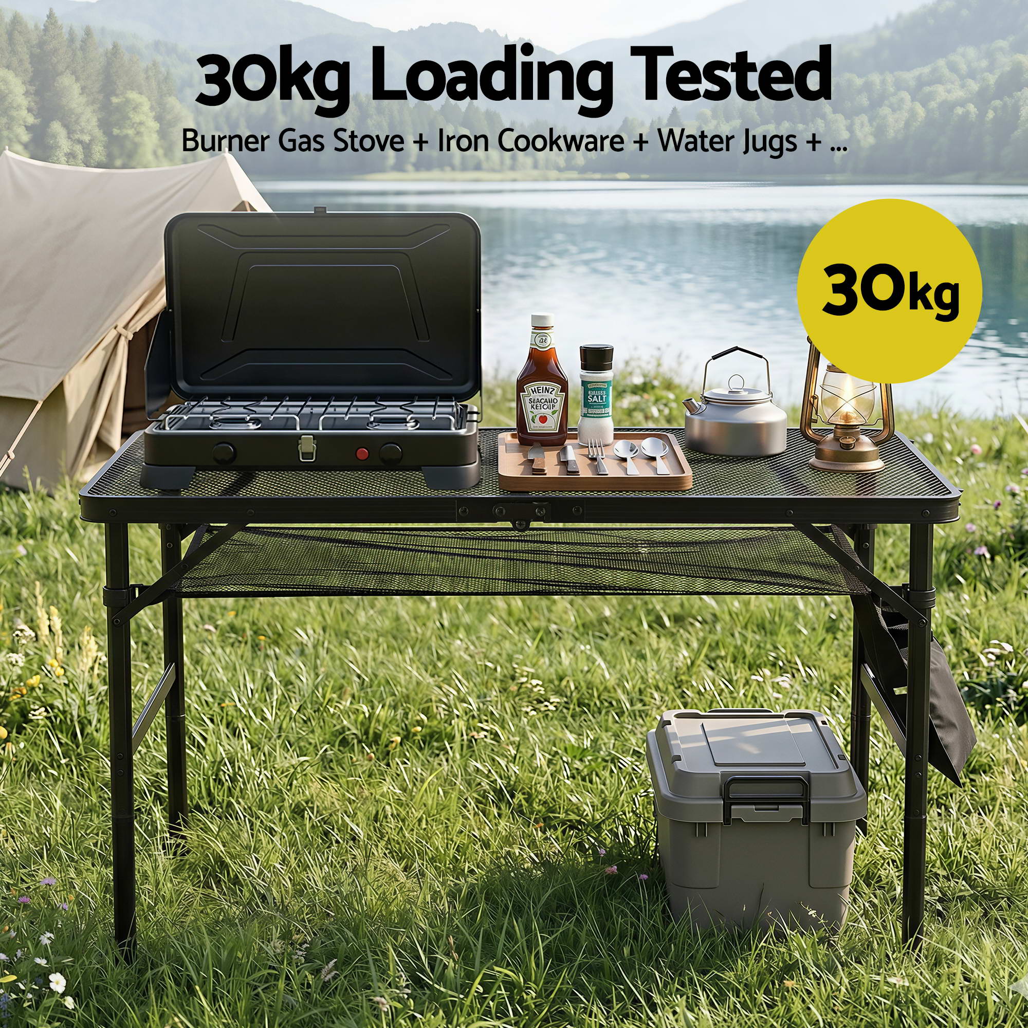 Gardeon BBQ Camp Table, 90*60*66 Portable Foldable Lightweight Grill Outdoor Metal Table 3.9kg XFEL-TABLE-MESH-90-BK