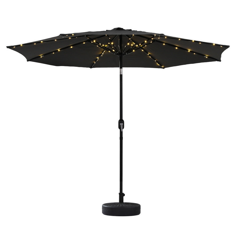 Instahut Outdoor Umbrella 2.9m Market Umbrella with Base String Light Black XFEL-UMB-FLAP-51-BK