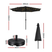 Instahut Outdoor Umbrella 2.9m Market Umbrella with Base String Light Black XFEL-UMB-FLAP-51-BK