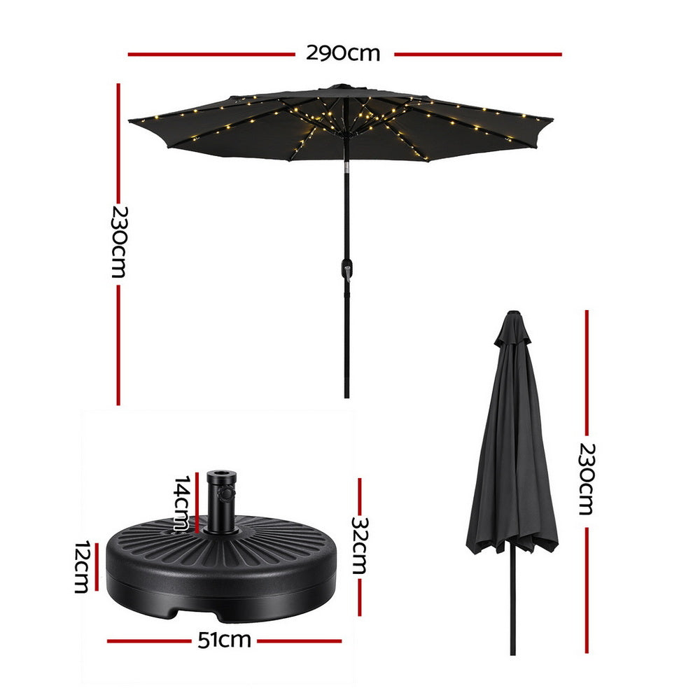 Instahut Outdoor Umbrella 2.9m Market Umbrella with Base String Light Black XFEL-UMB-FLAP-51-BK