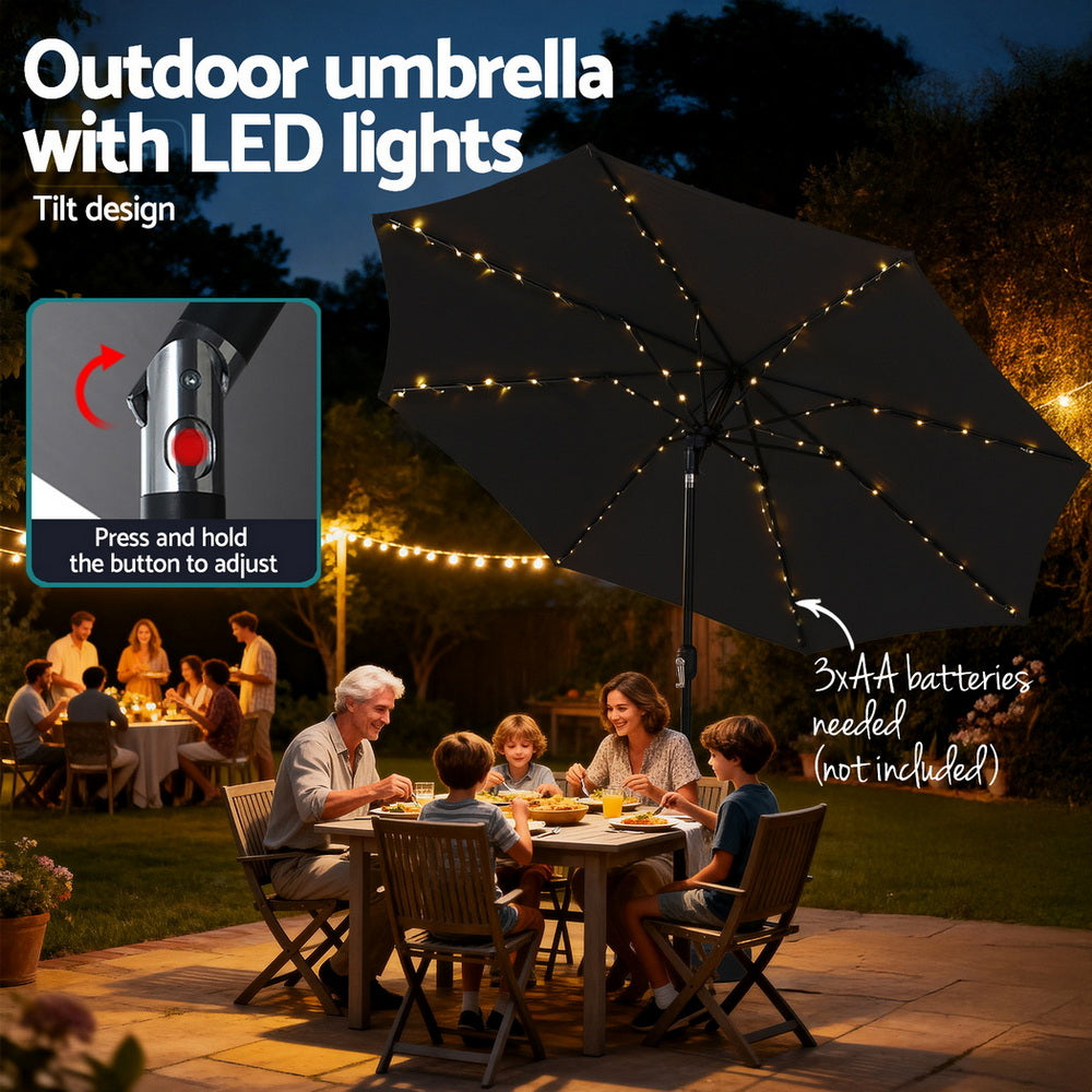 Instahut Outdoor Umbrella 2.9m Market Umbrella with Base String Light Black XFEL-UMB-FLAP-51-BK