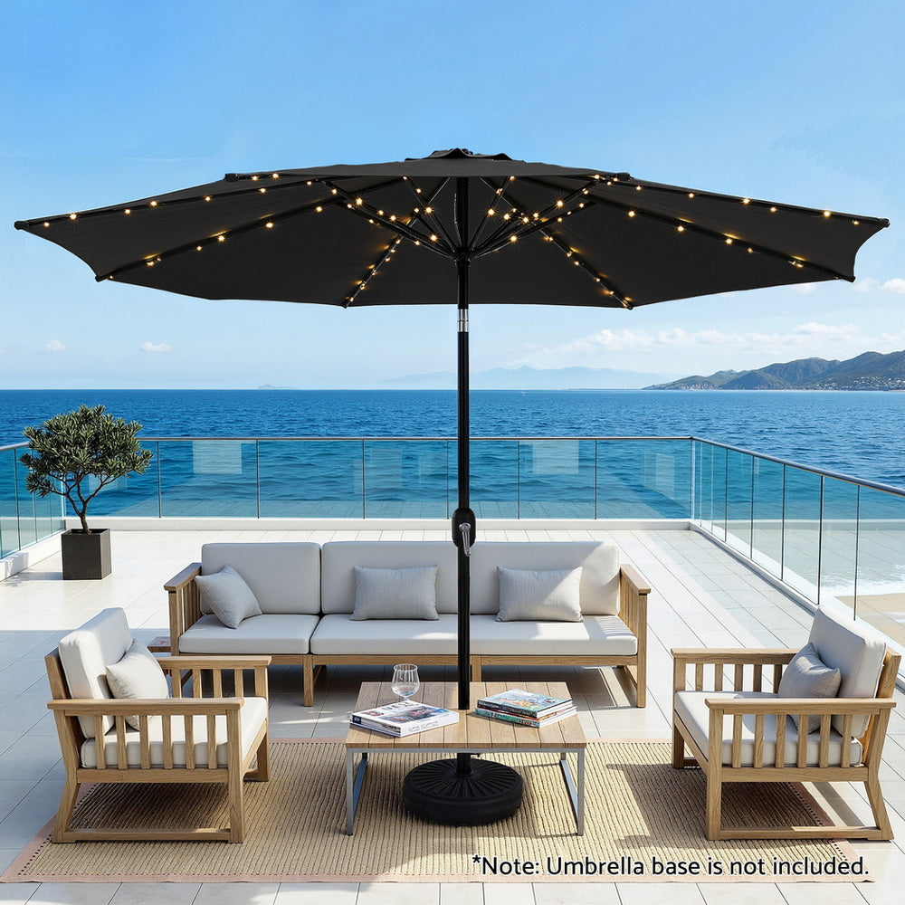 Instahut Outdoor Umbrella 2.9m Market Umbrella with String Light Tilt Black XFEL-UMB-FLAP-LED-BK