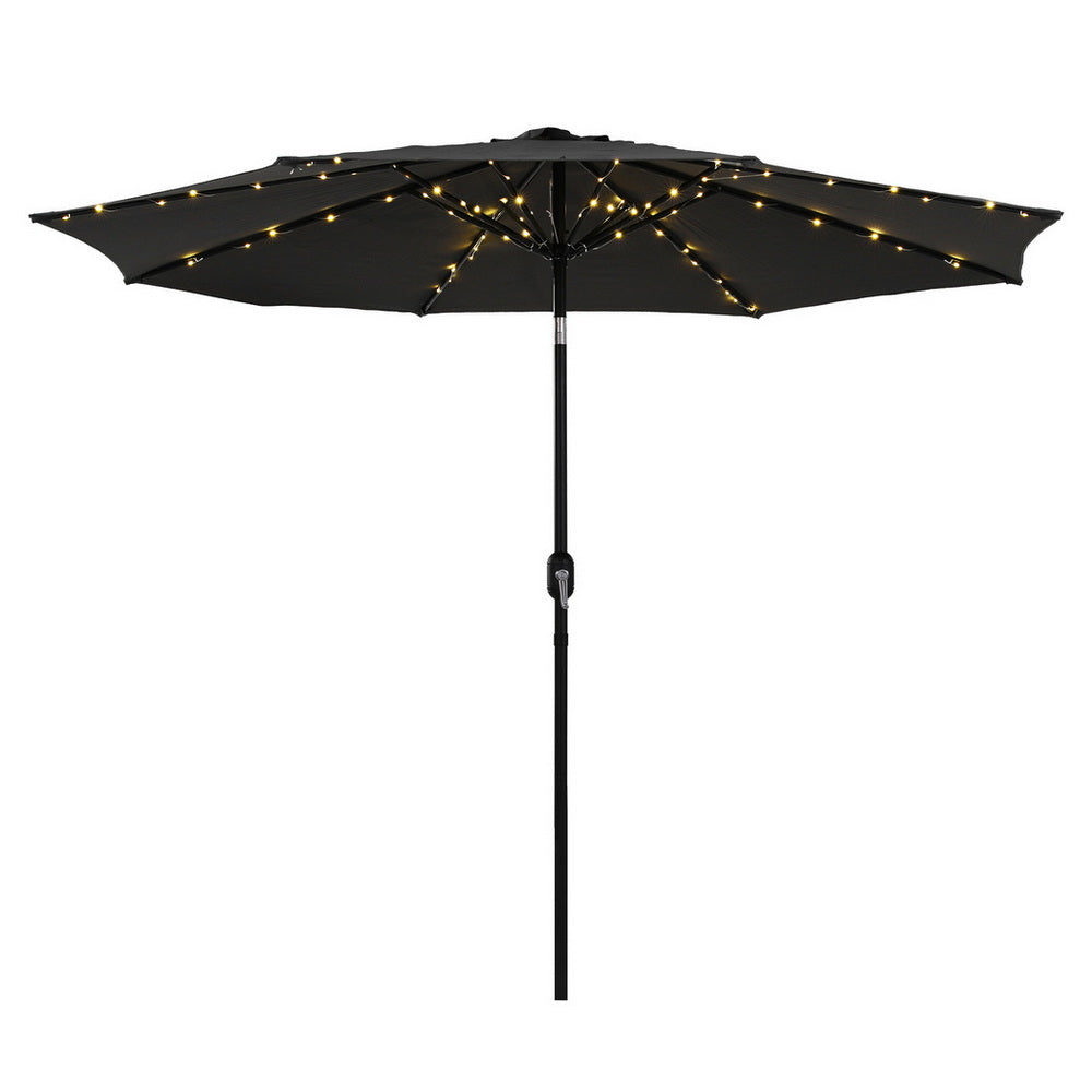 Instahut Outdoor Umbrella 2.9m Market Umbrella with String Light Tilt Black XFEL-UMB-FLAP-LED-BK