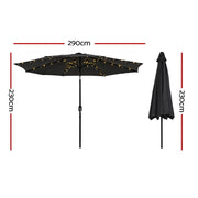 Instahut Outdoor Umbrella 2.9m Market Umbrella with String Light Tilt Black XFEL-UMB-FLAP-LED-BK
