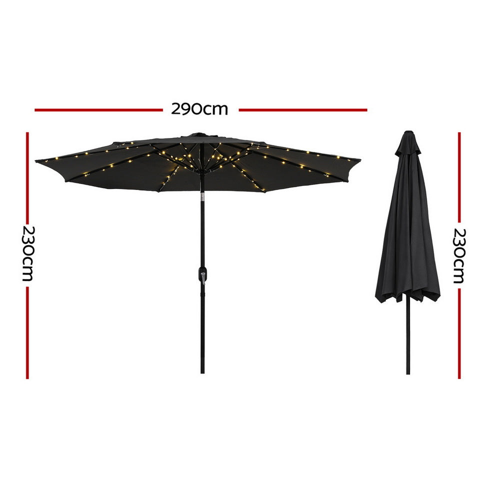 Instahut Outdoor Umbrella 2.9m Market Umbrella with String Light Tilt Black XFEL-UMB-FLAP-LED-BK