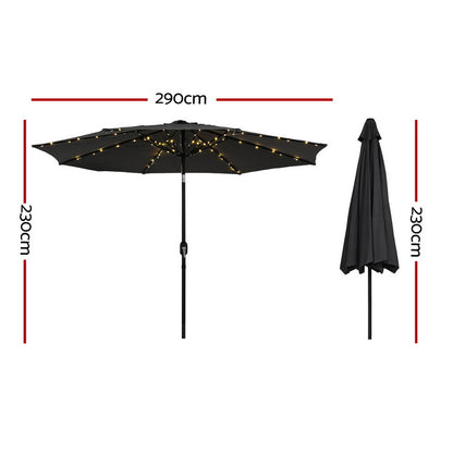 Instahut Outdoor Umbrella 2.9m Market Umbrella with String Light Tilt Black XFEL-UMB-FLAP-LED-BK
